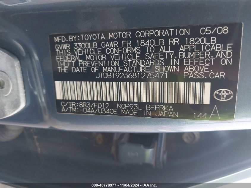 2008 Toyota Yaris VIN: JTDBT923681275471 Lot: 40778977