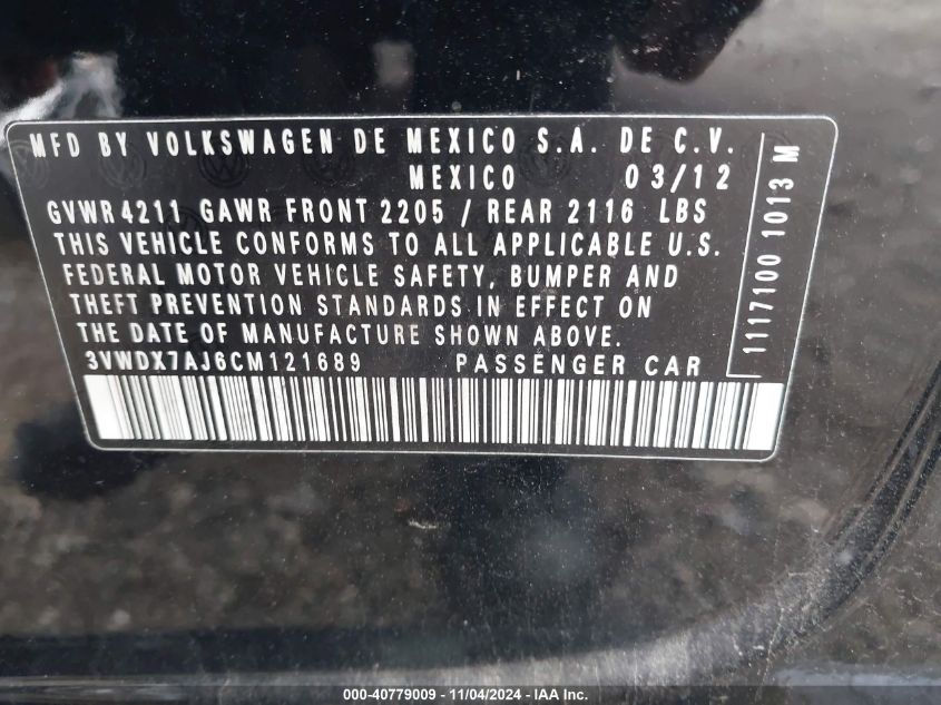 2012 Volkswagen Jetta 2.5L Se VIN: 3VWDX7AJ6CM121689 Lot: 40779009