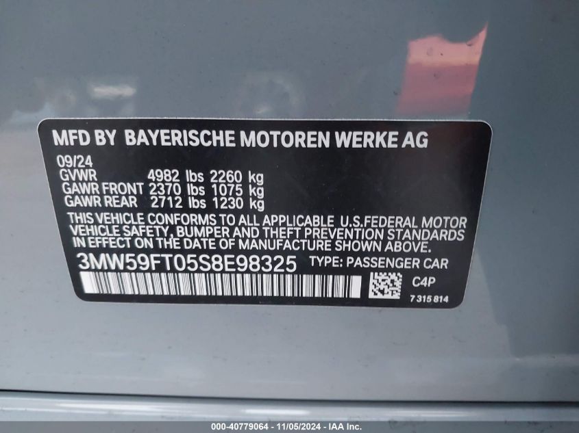 2025 BMW M340I VIN: 3MW59FT05S8E98325 Lot: 40779064