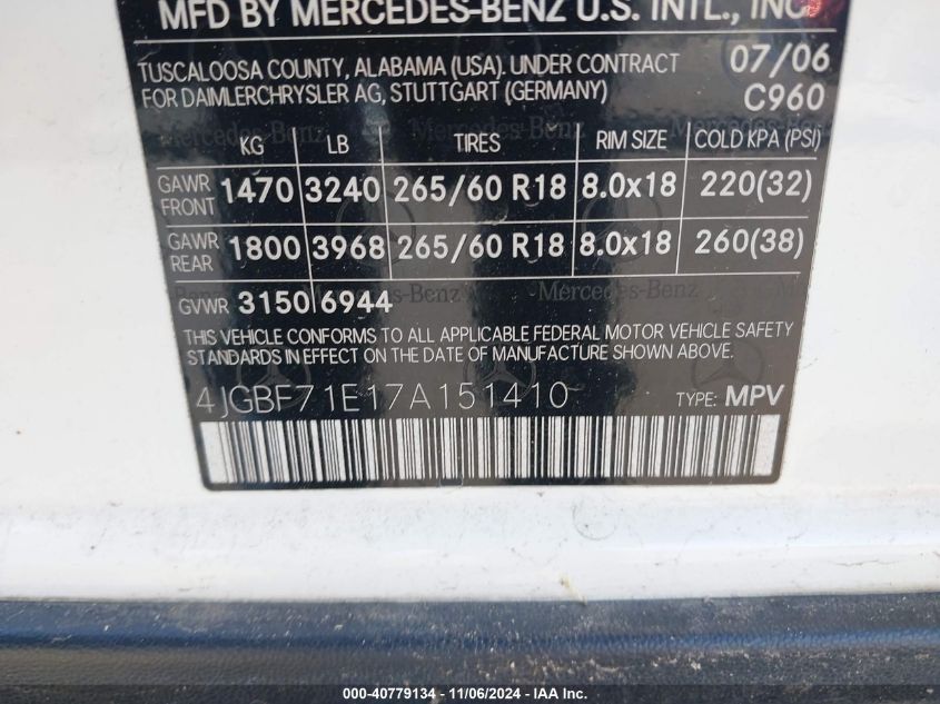 2007 Mercedes-Benz Gl 450 4Matic VIN: 4JGBF71E17A151410 Lot: 40779134