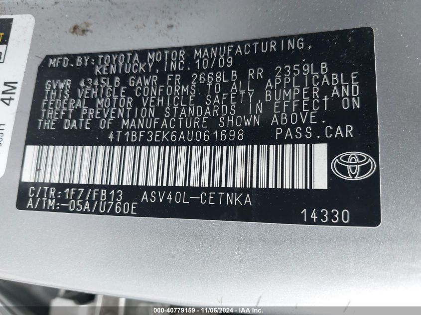 2010 Toyota Camry Le VIN: 4T1BF3EK6AU061698 Lot: 40779159