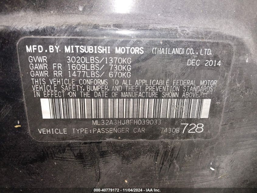 2015 Mitsubishi Mirage De/Rf VIN: ML32A3HJ8FH039033 Lot: 40779172