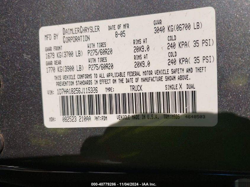 2006 Dodge Ram 1500 Slt VIN: 1D7HA18256J115326 Lot: 40779286