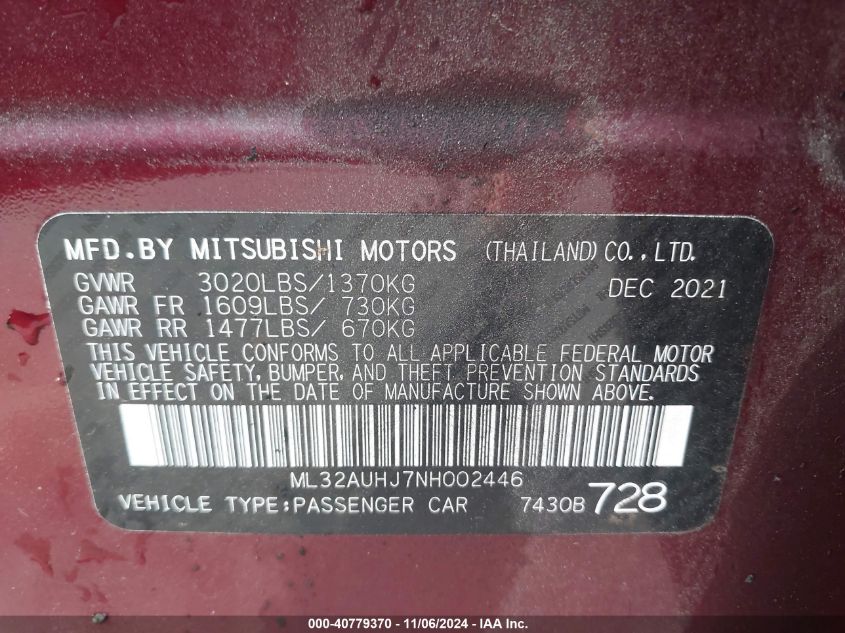 2022 Mitsubishi Mirage Es VIN: ML32AUHJ7NH002446 Lot: 40779370