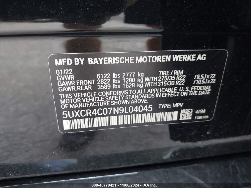 2022 BMW X5 Sdrive40I VIN: 5UXCR4C07N9L04045 Lot: 40779421