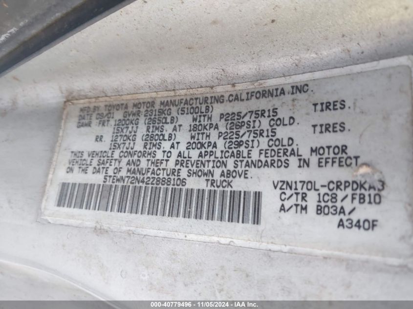 2002 Toyota Tacoma Base V6 VIN: 5TEWN72N42Z888106 Lot: 40779496