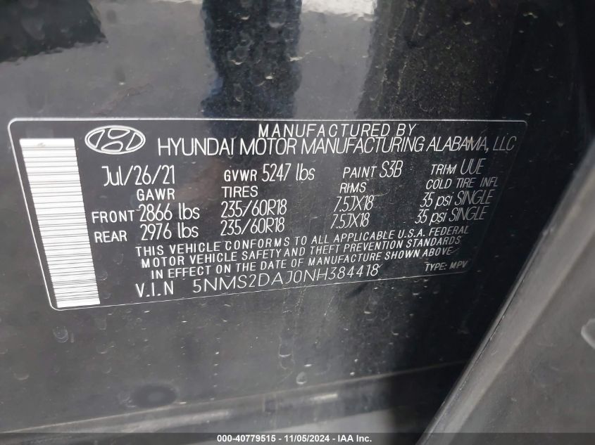 2022 Hyundai Santa Fe Sel VIN: 5NMS2DAJ0NH384418 Lot: 40779515