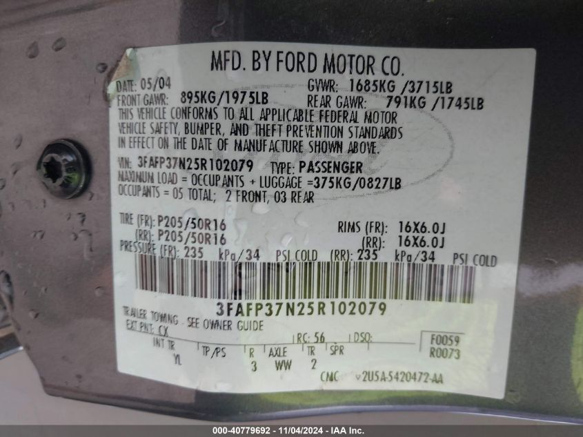 2005 Ford Focus Zx5 VIN: 3FAFP37N25R102079 Lot: 40779692