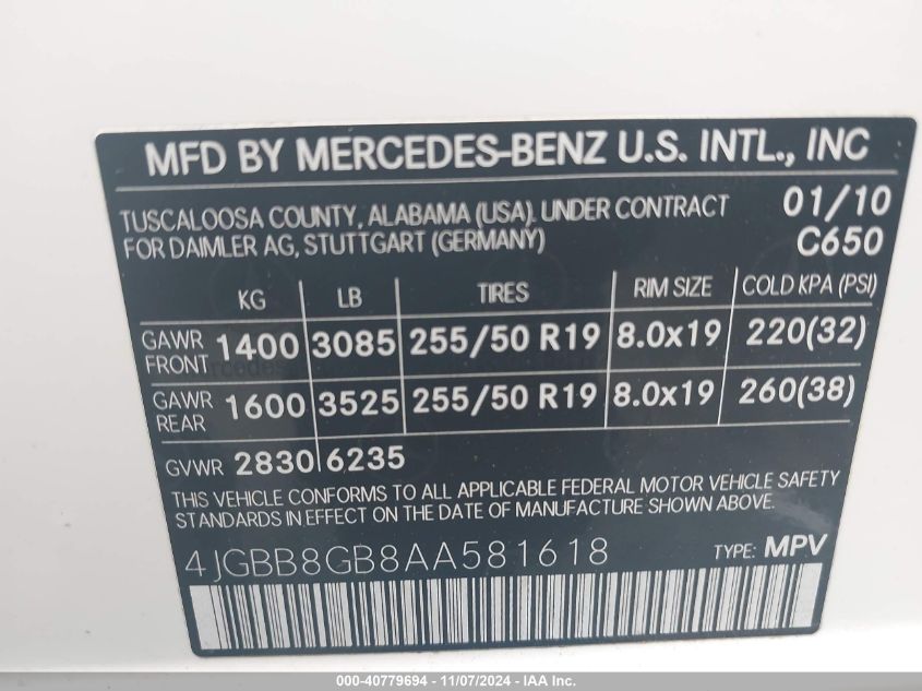 2010 Mercedes-Benz Ml 350 4Matic VIN: 4JGBB8GB8AA581618 Lot: 40779694