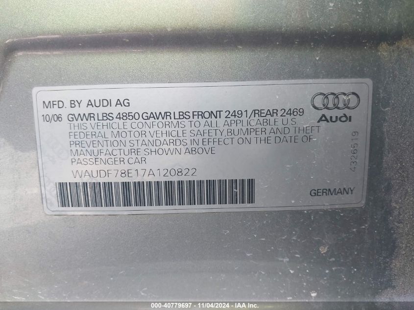 2007 Audi A4 2.0T VIN: WAUDF78E17A120822 Lot: 40779697