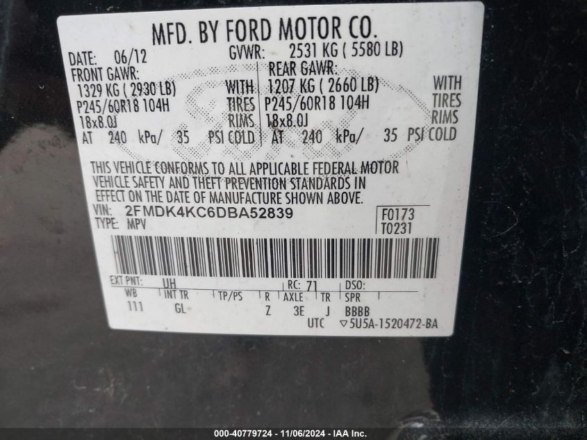 2013 Ford Edge Limited VIN: 2FMDK4KC6DBA52839 Lot: 40779724