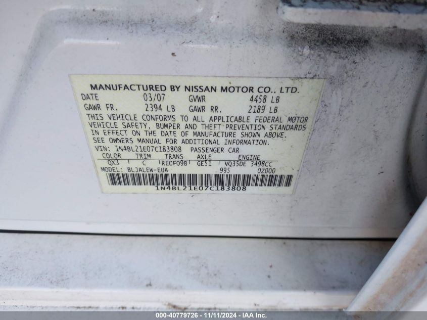 2007 Nissan Altima 3.5 Sl VIN: 1N4BL21E07C183808 Lot: 40779726