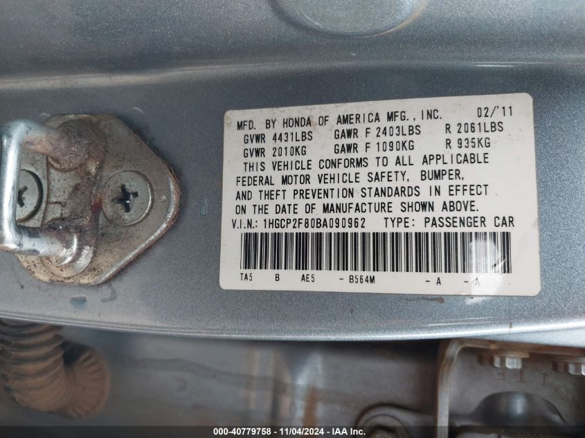 2011 Honda Accord 2.4 Ex-L VIN: 1HGCP2F80BA090962 Lot: 40779758