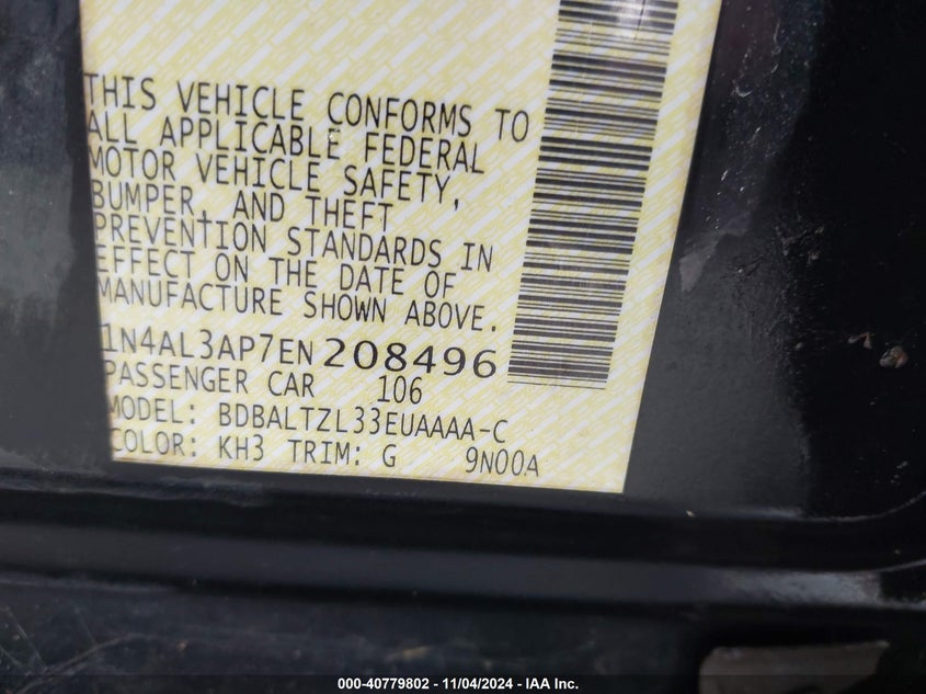 Image 9 of 2014 Nissan Altima  salvage vehicle - Lot #40779802 at IAAI
