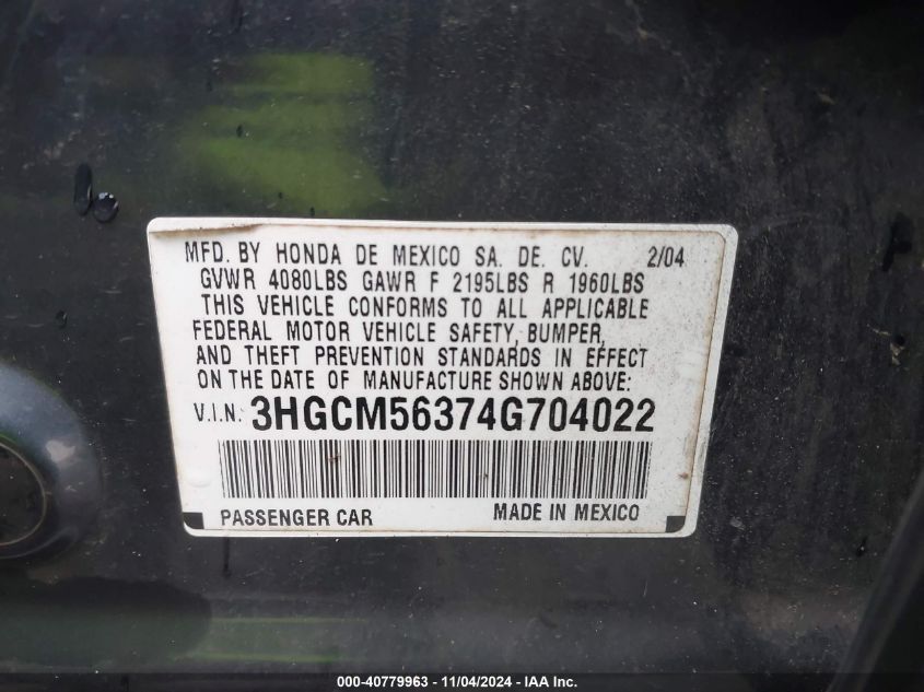 2004 Honda Accord Sdn Lx VIN: 3HGCM56374G704022 Lot: 40779963