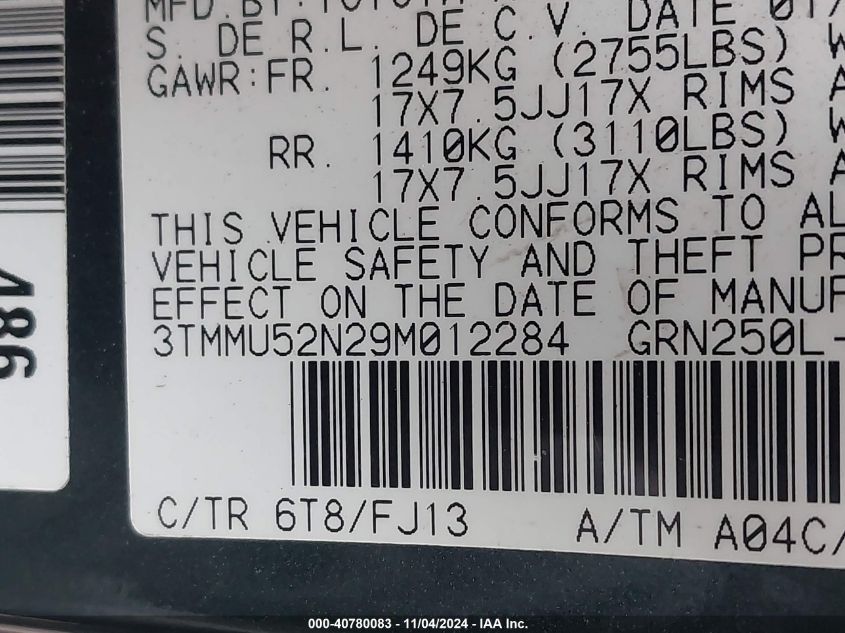 2009 Toyota Tacoma Base V6 VIN: 3TMMU52N29M012284 Lot: 40780083