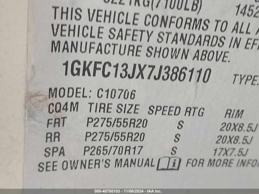 2007 GMC Yukon Slt VIN: 1GKFC13JX7J386110 Lot: 40780103