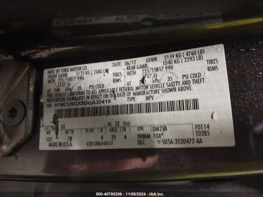 2013 Ford Escape Se VIN: 1FMCU9GX5DUA30419 Lot: 40780206