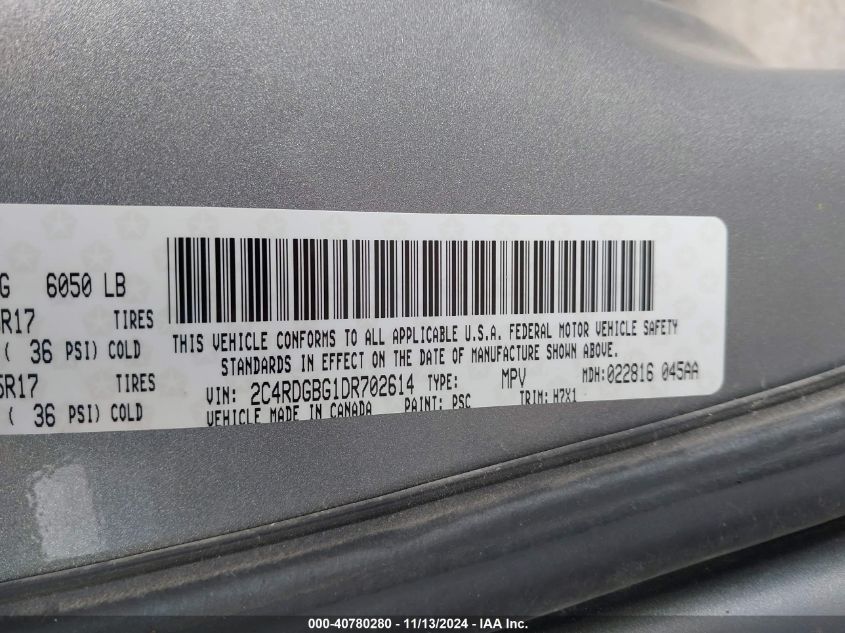 2013 Dodge Grand Caravan Se VIN: 2C4RDGBG1DR702614 Lot: 40780280