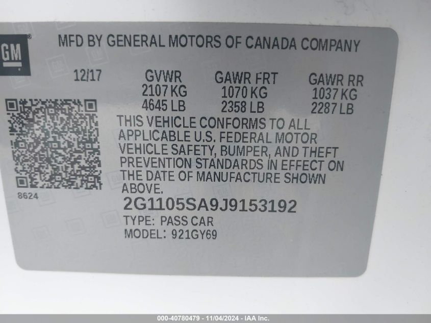VIN 2G1105SA9J9153192 2018 CHEVROLET IMPALA 1LT