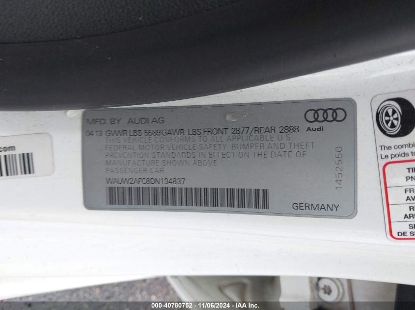 2013 Audi S7 4.0T Prestige VIN: WAUW2AFC8DN134837 Lot: 40780752