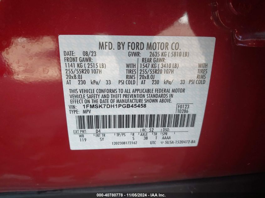 2023 Ford Explorer Xlt VIN: 1FMSK7DH1PGB45458 Lot: 40780778