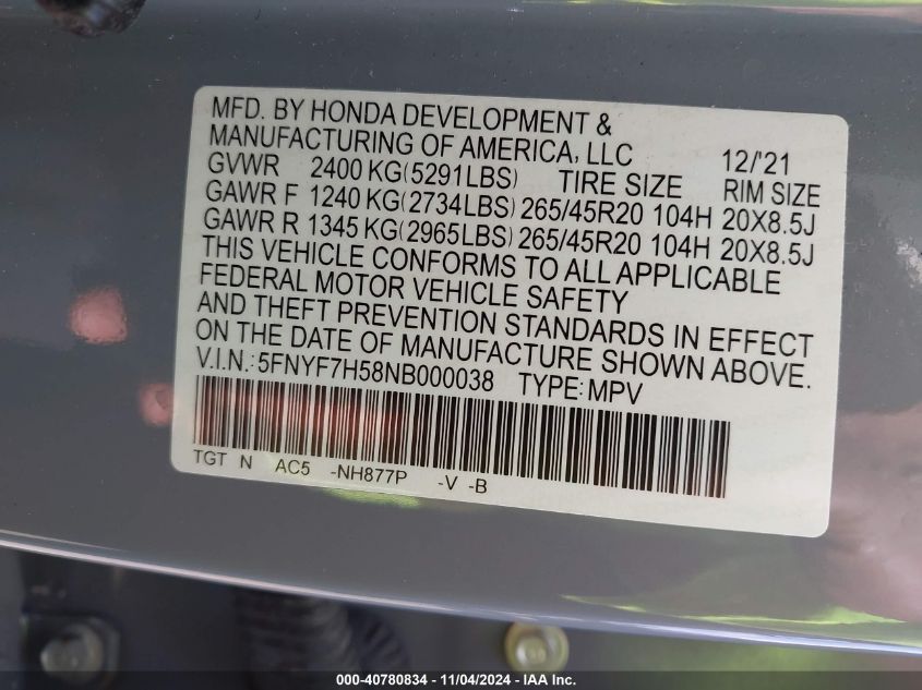 2022 Honda Passport 2Wd Ex-L VIN: 5FNYF7H58NB000038 Lot: 40780834