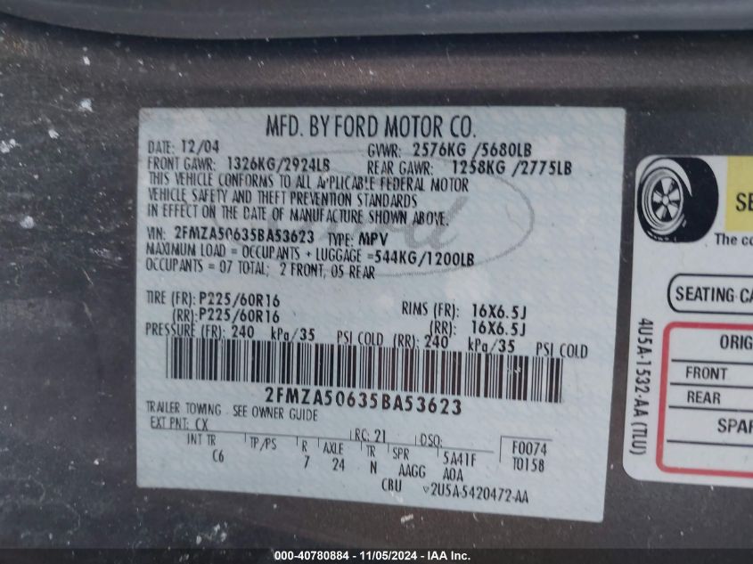 2005 Ford Freestar S VIN: 2FMZA50635BA53623 Lot: 40780884