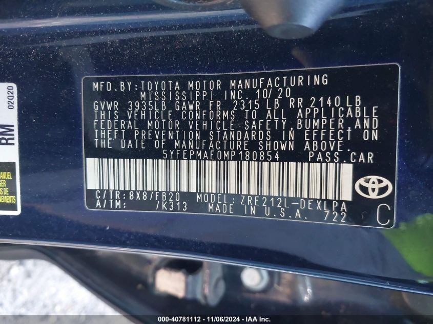 2021 TOYOTA COROLLA LE - 5YFEPMAE0MP180854