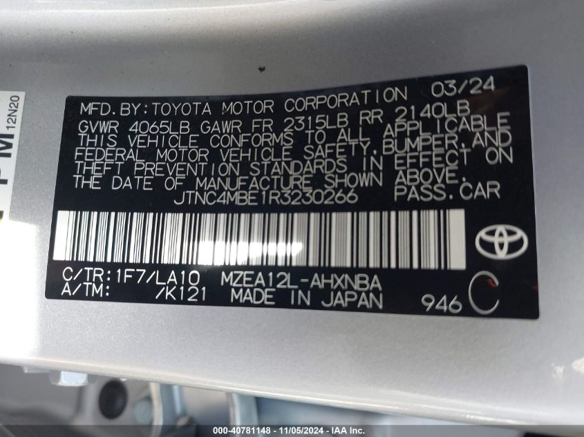 2024 Toyota Corolla Xse VIN: JTNC4MBE1R3230266 Lot: 40781148