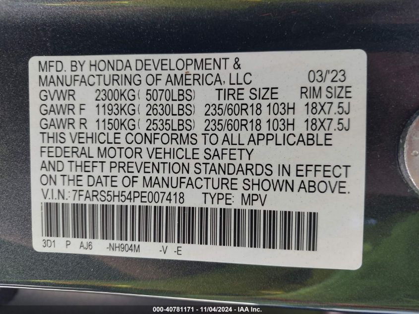 2023 Honda Cr-V Hybrid Sport VIN: 7FARS5H54PE007418 Lot: 40781171