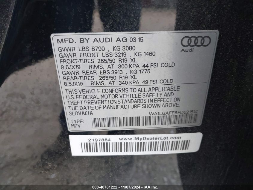 2015 Audi Q7 3.0T Premium VIN: WA1LGAFE6FD021514 Lot: 40781222