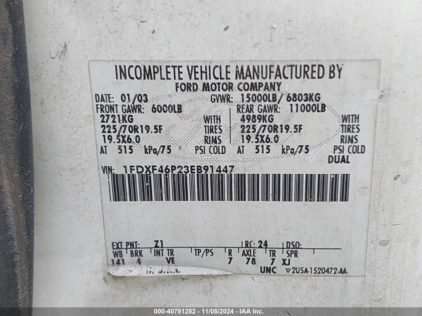 2003 Ford F-450 Chassis Xl/Xlt VIN: 1FDXF46P23EB91447 Lot: 40781252