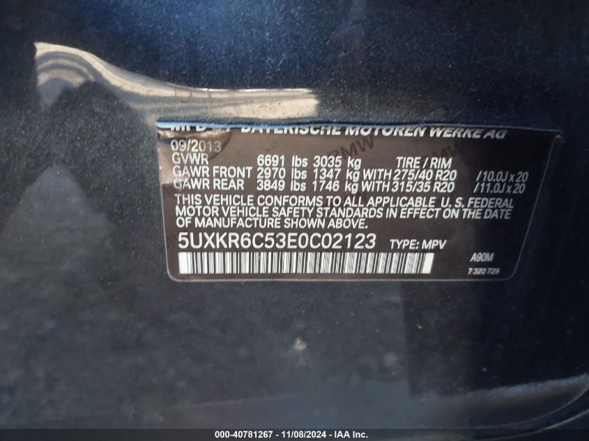 VIN 5UXKR6C53E0C02123 2014 BMW X5, Xdrive50I no.9