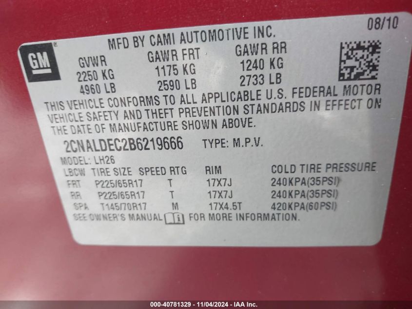 2011 Chevrolet Equinox 1Lt VIN: 2CNALDEC2B6219666 Lot: 40781329