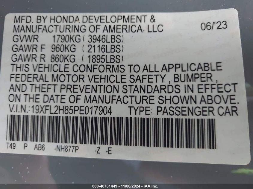 2023 Honda Civic Sport VIN: 19XFL2H85PE017904 Lot: 40781449