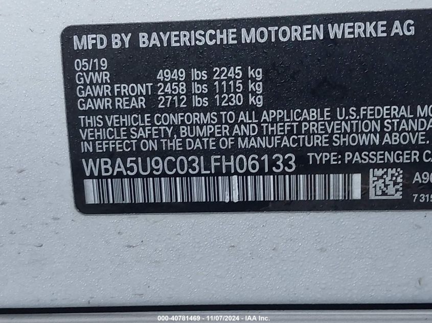 2020 BMW 3 Series M340I xDrive VIN: WBA5U9C03LFH06133 Lot: 40781469