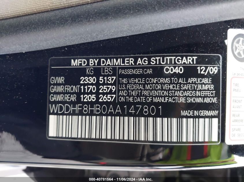 2010 Mercedes-Benz E 350 4Matic VIN: WDDHF8HB0AA147801 Lot: 40781564