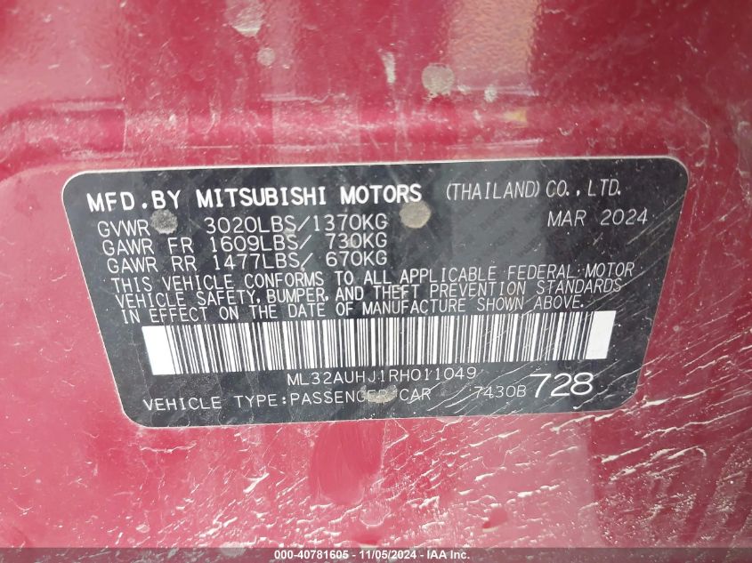 2024 Mitsubishi Mirage Es VIN: ML32AUHJ1RH011049 Lot: 40781605