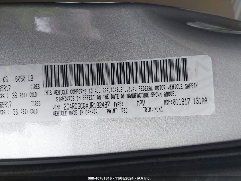 VIN 2C4RDGCGXJR192497 2018 DODGE GRAND CARAVAN SXT