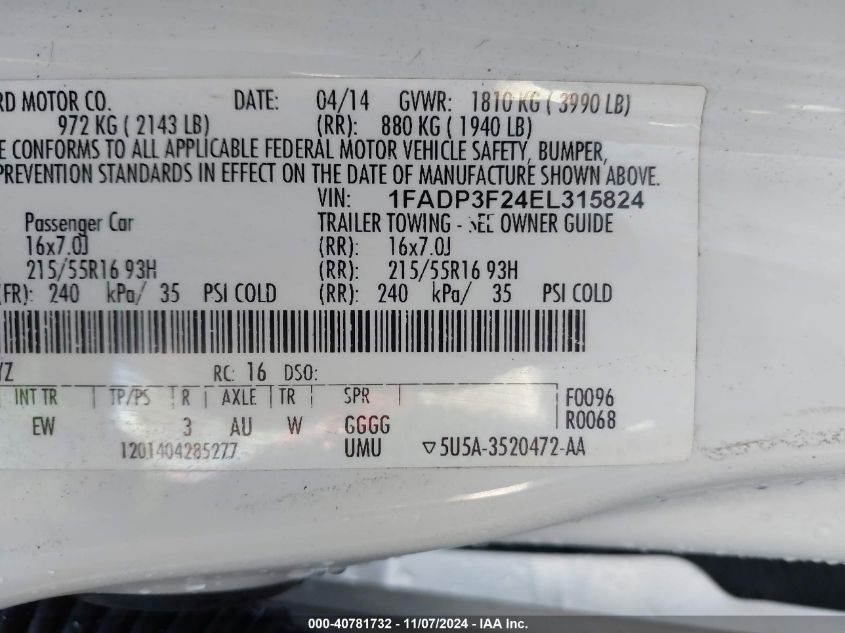 2014 FORD FOCUS SE - 1FADP3F24EL315824