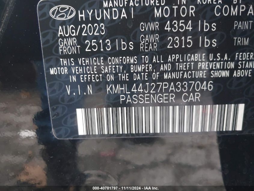 2023 Hyundai Sonata Sel Plus VIN: KMHL44J27PA337046 Lot: 40781797