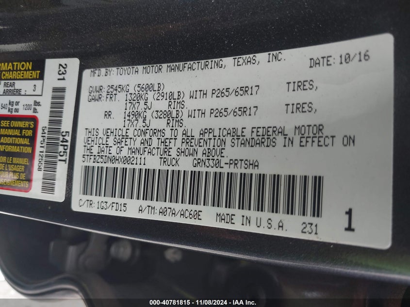 2017 TOYOTA TACOMA VIN: 5TFBZ5DN0HX002111