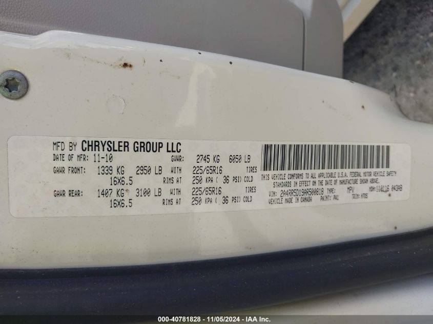 2010 Chrysler Town & Country Touring VIN: 2A4RR5D19AR500818 Lot: 40781828