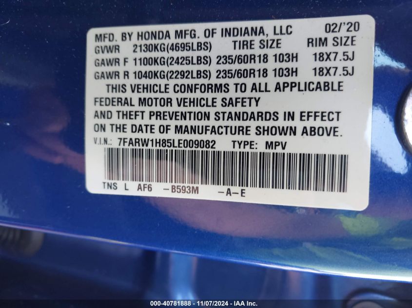 2020 Honda Cr-V 2Wd Ex-L VIN: 7FARW1H85LE009082 Lot: 40781888