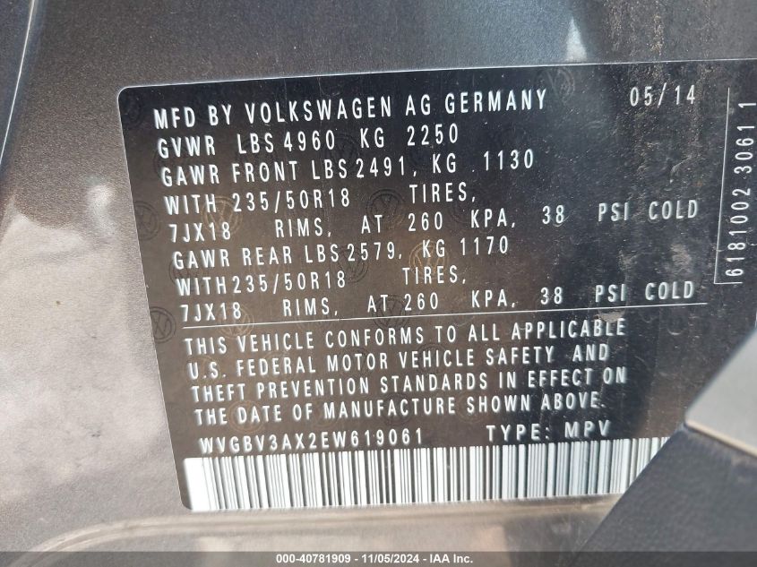 2014 Volkswagen Tiguan Se VIN: WVGBV3AX2EW619061 Lot: 40781909