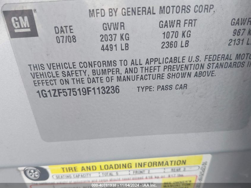 2009 Chevrolet Malibu Hybrid VIN: 1G1ZF57519F113236 Lot: 40781938