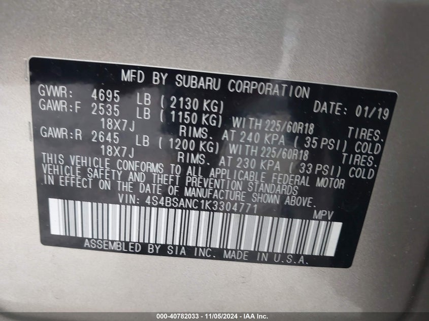 2019 SUBARU OUTBACK 2.5I LIMITED - 4S4BSANC1K3304771