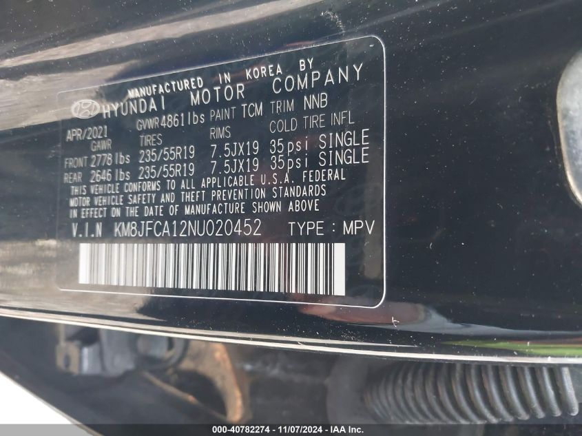 2022 HYUNDAI TUCSON HYBRID VIN: KM8JFCA12NU020452