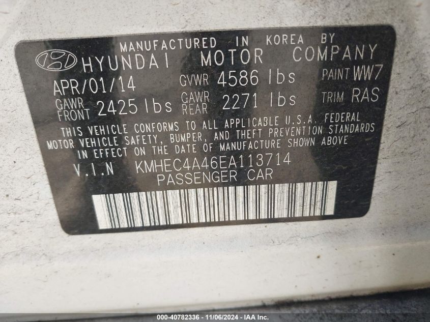 2014 Hyundai Sonata Hybrid VIN: KMHEC4A46EA113714 Lot: 40782336